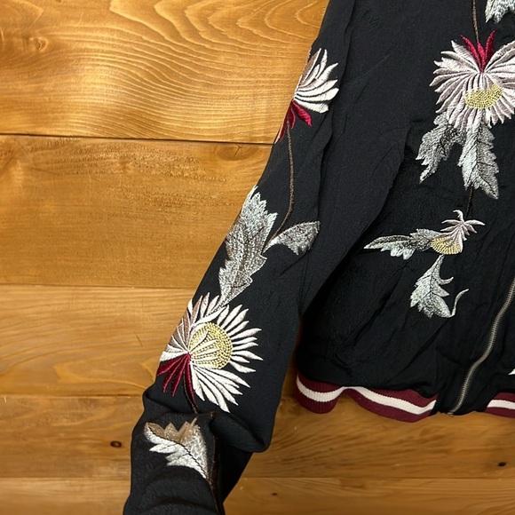 ELEVENSES Embroidered Solstice Floral Bomber Jacket size XS Anthropologie Black - Picture 10 of 13